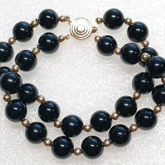 14K Yellow Gold Black Onyx Bead Double Strand Bracelet 8" 41.9g Estate VGUC - Picture 15 of 15